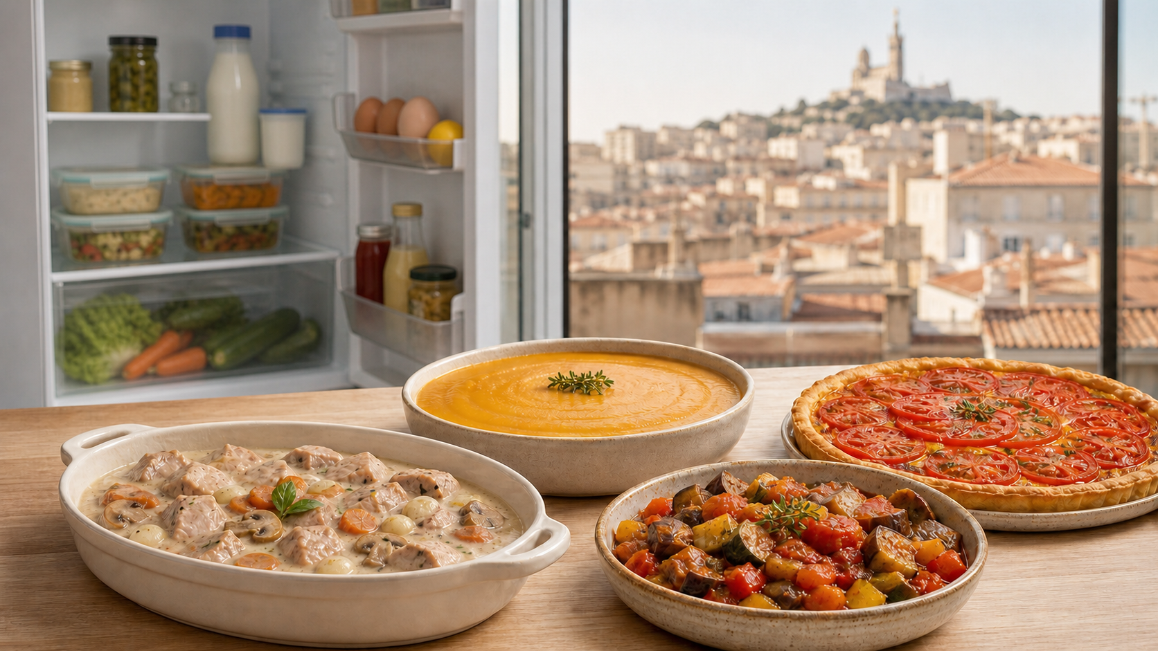 Plats maison et réfrigérateur organisé pour la semaine dans une cuisine lumineuse à Marseille