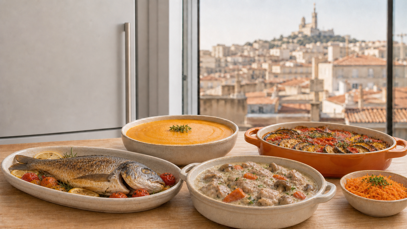 Plats familiaux faits maison préparés dans une cuisine lumineuse à Marseille